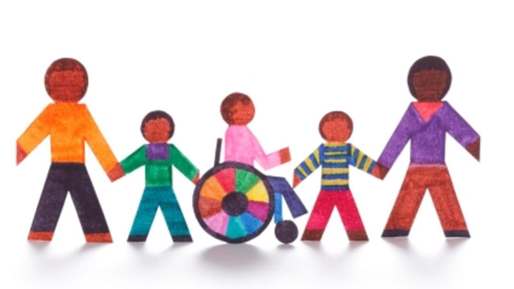 inclusão, cadeira de rodas, crianças juntas, roda de inclusão