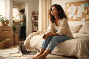 Mulher brasileira sentada na beira da cama, segurando um celular e olhando para frente com expressão pensativa. O quarto claro tem laptop aberto no chão, papéis, anotações e caixas ao redor; ao fundo, um homem desfocado aparece na cozinha. Foto-ilustração de estúdio em tons suaves e luz natural, sugerindo dúvida, espera e uma decisão importante. A ideia é ilustrar que a duvida pode virar morada e isso não ajuda a se mexer.