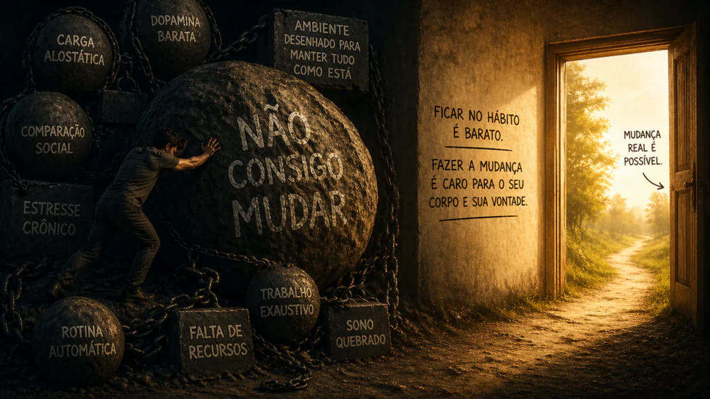 Ilustração sobre por que não consigo mudar: pessoa empurrando uma pedra enorme com a frase “não consigo mudar”, cercada por sinais de estresse, rotina e cansaço, diante de uma saída iluminada que representa a possibilidade de mudança.